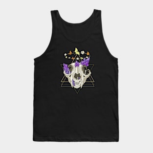 Cat Skull with Crystals, Butterflies, and Geometric Accents on Black Tank Top